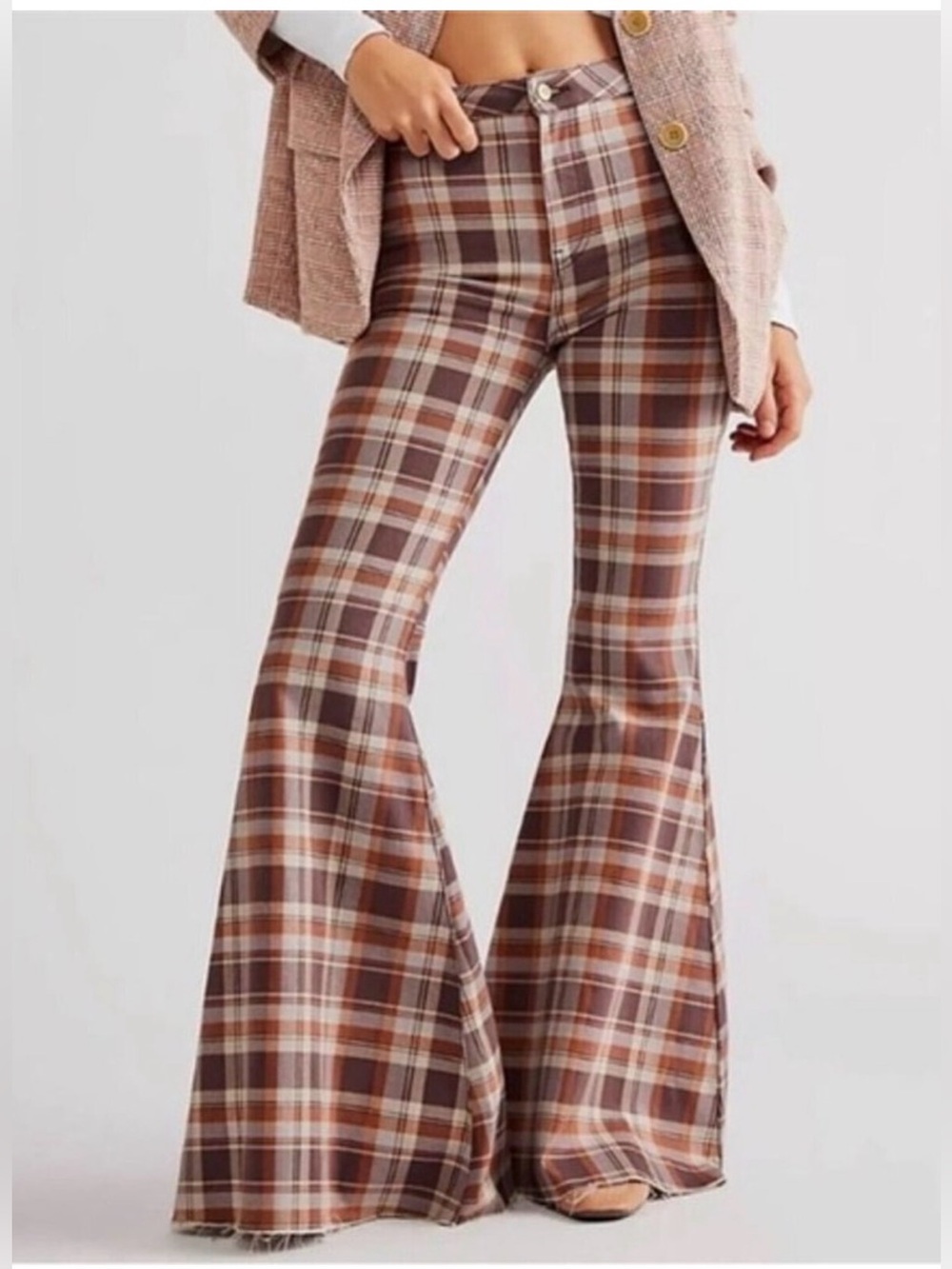 Free People Just Float On Dark Chocolate Combo Windowpane Flare Jeans Pants EUC - Picture 3 of 3